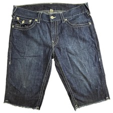 True Religion Shorts Mens 36 Denim Y2K Straight Cut Off W Flaps Frayed Raw Indie