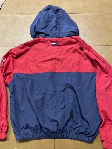 Vintage Tommy Hilfiger Large Red Blue Sailing Sleeve Spell Out Jacket W/ Hood - Picture 15 of 16