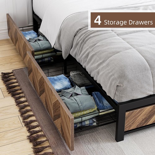 Queen Bed Frame W/4 Storage Drawer Metal Platform Headboard No Box Spring Needed - Picture 5 of 8
