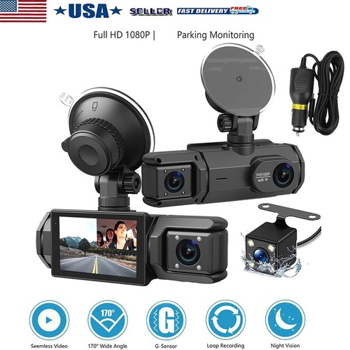 Wfi Car Dash Cam 3 Channel Front & Rear & Inside Dash Cam, FHD 1080P Car Camera