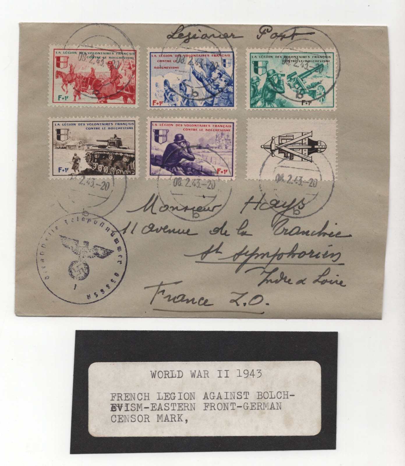 FRANCE 1943 WWII COVER FRENCH LEGION AGAINST BOLSHEVISM-EASTERN FRONT-GERMAN
