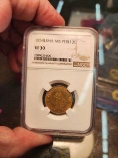 H55 Peru 1854 LIMA MB GOLD 2 Escudos NGC VF 30
