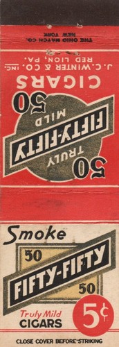 Fifty Fifty Cigars-Red Lion, Pa.  Vintage Matchbook Cover - Picture 1 of 2