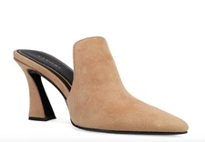 NIB Natori Minh Suede Mules 7 Tan Beige Pointed Toe Flare Heel Leather Slide