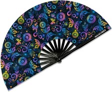 13" Large Rave Fan Folding Hand Fan, Bamboo Festival Clack Fan Foldable UV Glow