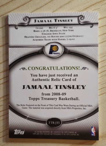 2008-09 Topps Treasury Relics #TTR-JTI Jamaal Tinsley - Imagen 2 de 3
