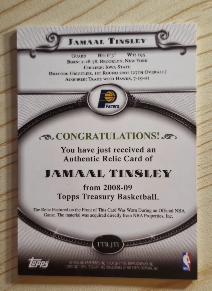 2008-09 Topps Treasury Relics #TTR-JTI Jamaal Tinsley  - Image 2 of 3