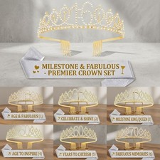 Birthday Tiara and Fabulous Sash Set Crystal Crown for 16/18/30/40/50/60/70
