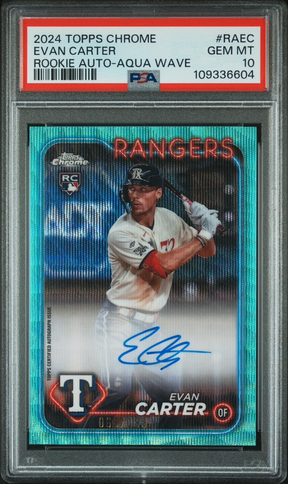 2024 TOPPS CHROME RC AUTO AQUA WAVE #RAEC EVAN CARTER 68/199 PSA 10
