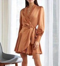 Zimmermann Silk Wrap Mini Dress Gold Brown Silk Cocktail Dolman Sleeve US SZ 4