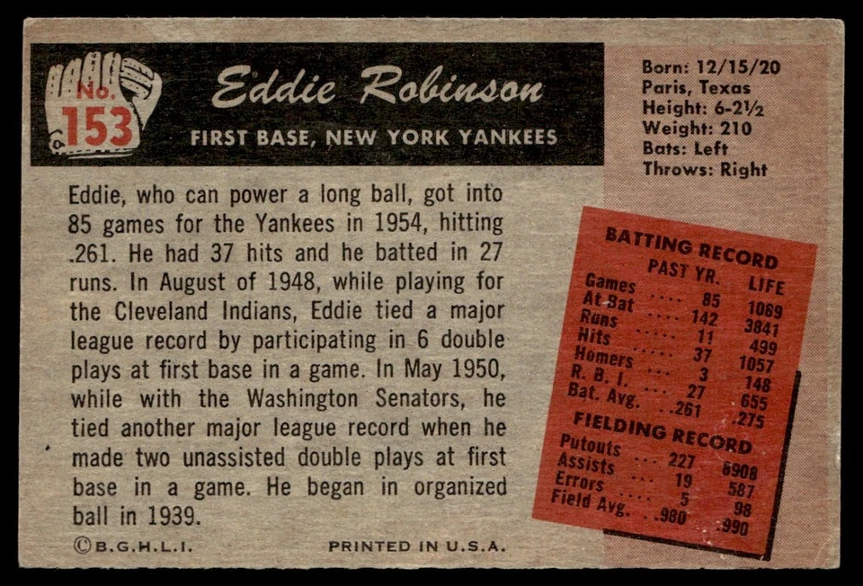 1955 Bowman Eddie Robinson New York Yankees #153 - Image 2 of 2