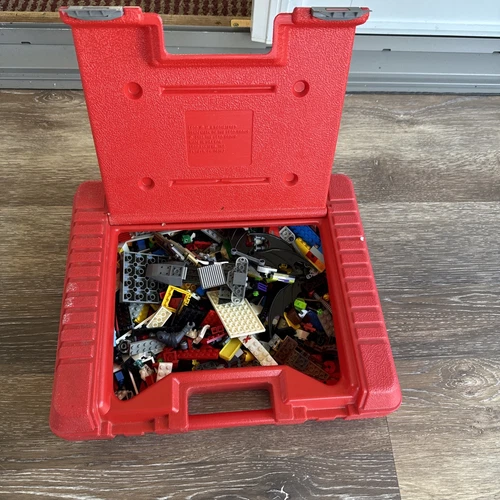 Vtg 1985 Lego Red Carrying Case Plastic Storage Box with  2.2 Lb LEGOS Pieces