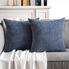 Pack of 2 Blue Decorative Pillow Covers 18x18 Inch Soft Chenille Couch Thro...
