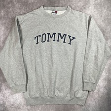 Vtg 90s Tommy Hilfiger Embroidered Logo Double Sided Sweatshirt Light Gray XL
