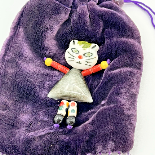 Vintage Purple Velvet Pouch w/Porcelain Cat Accent Beaded Medicine Bag - Picture 2 of 6
