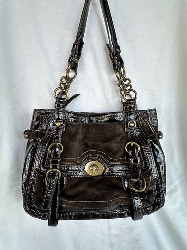 Coach LE Garcia Legacy Patent & Suede Shoulder Bag Black Brown 15x10x5