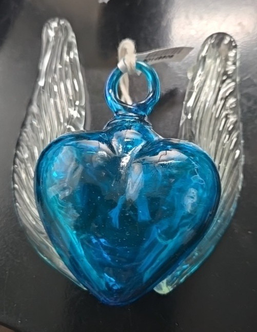 Hand Blown Art Glass Blue Clear Hanging Heart with Wings 3” - sun catcher