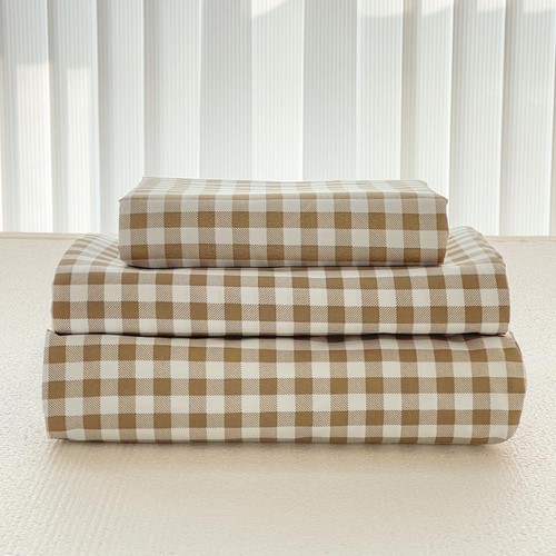 Tan Gingham King Sheet Set, Soft Brushed Microfiber Taupe Plaid King Bed Shee...
