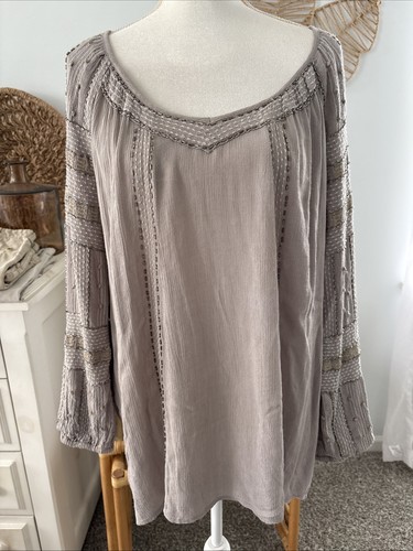 Free People Dress Shirt Tunic Top Long Sleeve Beaded Embellished Gray Medium M