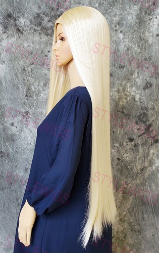 Light Blonde Extra Long Flat Straight Skintop Synthetic Hair Full Wig EVBS 613 - Picture 3 of 7