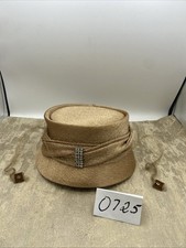 VINTAGE BEIGE HAT WITH RHINESTONES FRONT AND MINK ON SIDES ONE SZ
