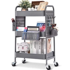 TOOLF 3-Tier Storage Cart, Utility Rolling with DIY Dual Pegboards, Art Craft