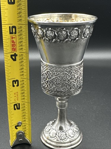 Stunning Judaica Sterling Silver 925 Kiddush Cup Floral Goblet Glass - Very Good - Picture 8 of 10