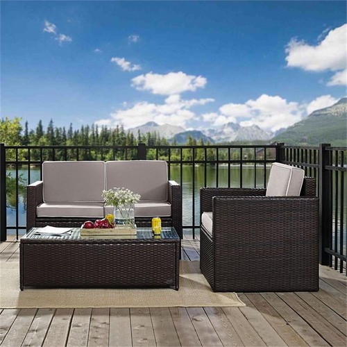 Crosley Palm Harbor 3 Piece Wicker Patio Sofa Set in Brown and Gray - Picture 7 of 10