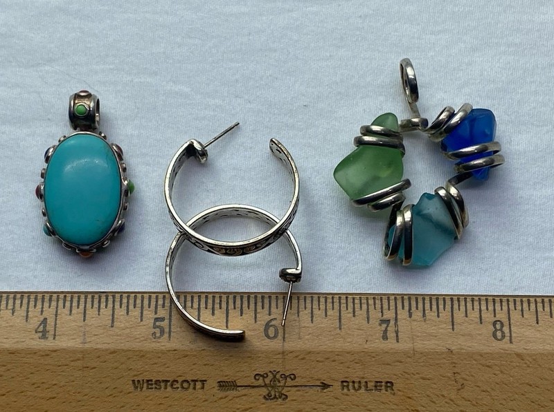 Unmarked Untested Unknown Silver Lot With Turquoise Natural Stones  Sea Glass