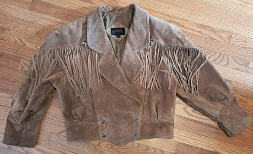 Giacca biker donna western boho G4000 vintage frange pelle marrone scamosciata taglia large - Foto 1 di 15