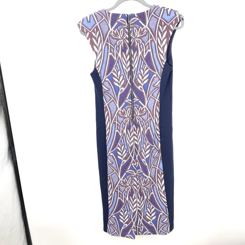 Vestido sin mangas HD Paris Anthropologie para mujer talla pequeña Cleo azul rojo estampado elástico - Imagen 4 de 10