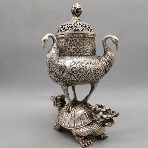 China Weiß Kupfer Silber Schildkröte Kranich Räuchergefäß Räuchergefäß Bronze Statue - Bild 2 von 7
