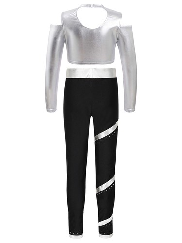 Kids Girls Jazz Performance Dancewear Shiny Hip Hop Crop Top Shirt With Pants - Foto 37 di 47