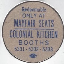 MAYFAIR SEATS, COLONIAL KITCHEN, Token/Coin, Indian Head, Wooden Nickel