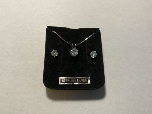 18 Inch 925 Silver Necklace With Sterling Crystal Pendant And Pierced Earrings. - Picture 2 of 4