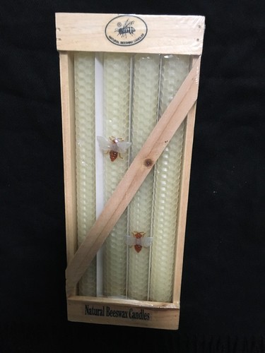 NEW IN BOX 4 NATURAL BEESWAX HONEYCOMB CANDLES, IN WOODEN CRATE W/ 2 WAX BEES - Picture 4 of 8