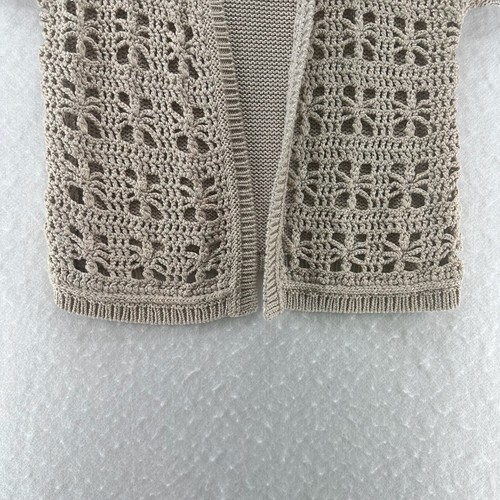Coldwater Creek Cardigan XS 4-6 Windowpane Crochet Open Front Short Sleeve Beige - Picture 5 of 11