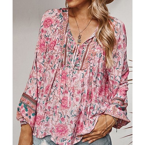 Women Floral Boho V Neck T-Shirt Tops Ladies Long Sleeve Casual Loose Blouse Tee - Picture 12 of 27