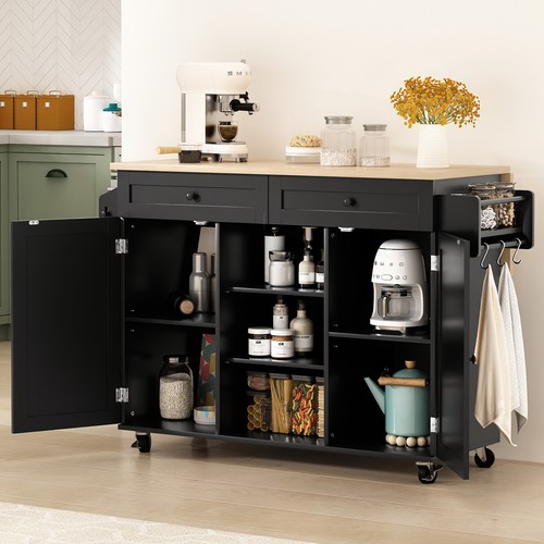 Drop-Leaf Kitchen Island Trolley Cart Wood Storage Cabinet with 2 Drawers & Rack - Picture 3 of 10