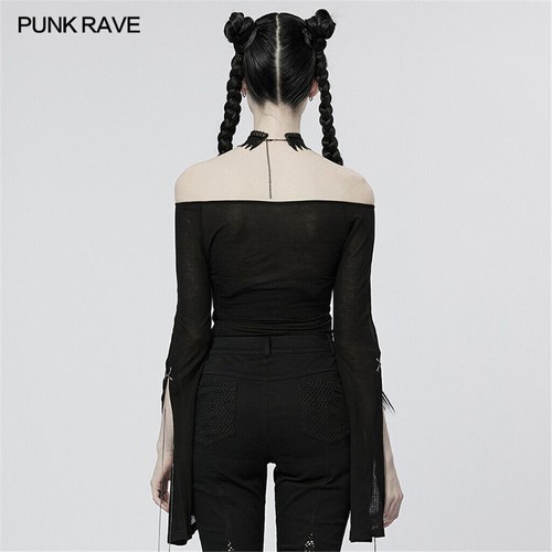 Punk Rave Women Black Gothic Off-the-shoulder Long Slit Sleeve With Metal Chains - Picture 4 of 17