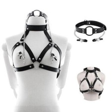 Unisex Leather Bondage Choker Collar with Clamp Adjustable Neck Leash Flirt
