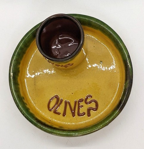 Catalan Pottery Olive Pinyols DISH Hand Painted Old World Handmade Gold Green 5" - Picture 2 of 5