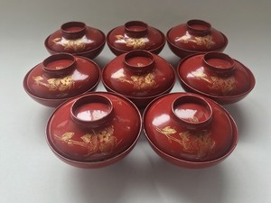 Meiji-Wooden-Soup-Bowl-Cup-Lacquer-Ware-8pc-Lidded-Flower-Red-Japanese-Vtg-q28