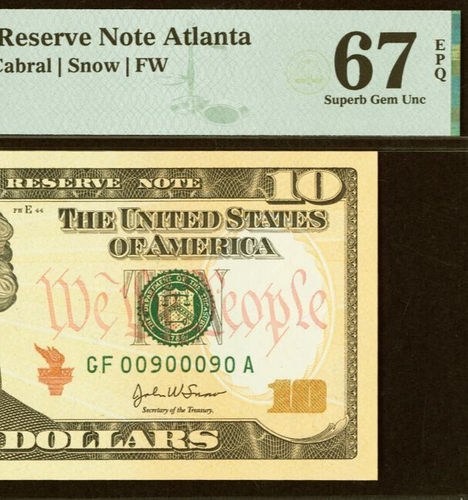 2004A $10 Federal Reserve Note PMG 67EPQ - Fancy Repeater Serial Number 00900090