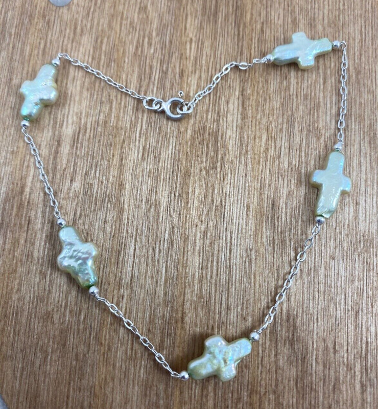Handmade Sterling Silver .925 ~ Green Pearl Cross 10" Ankle Bracelet Anklet