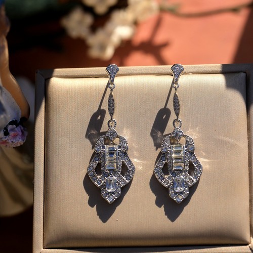 Pendientes Plateado Arte Déco Encaje Strass Blanco Great Gatsby QD1 - Imagen 5 de 9