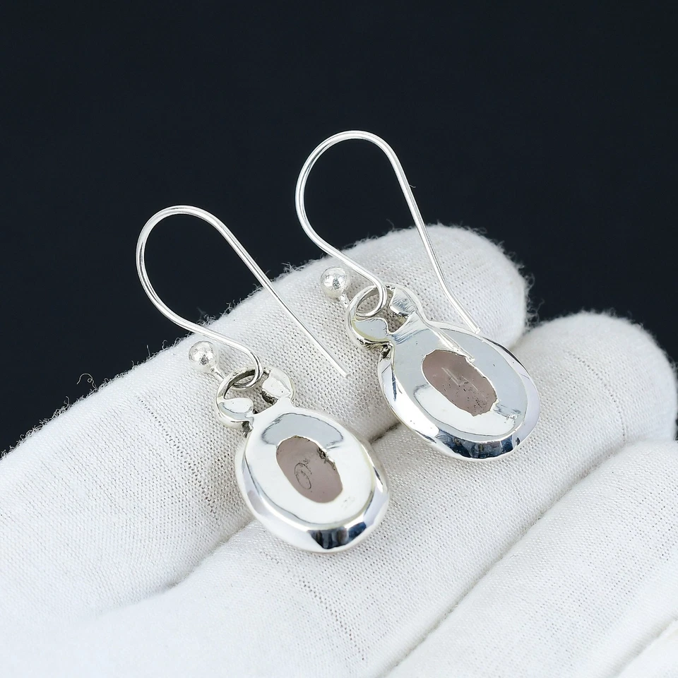 Orecchini In Argento Sterling 925 Fatti A Mano In Quarzo Rosa Per Donne - Immagine 2 di 4