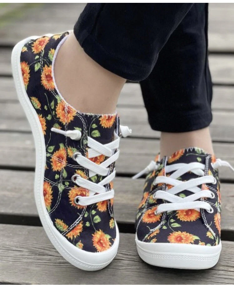 Butti Womens Black And Orange Floral Sneakers Slip On Canvas Size