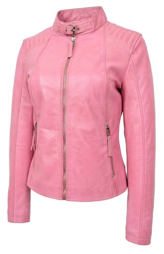 Womens Soft Leather Jacket Baby Pink Casual Fitted Trendy Biker Style Zip Fasten - Picture 8 of 8