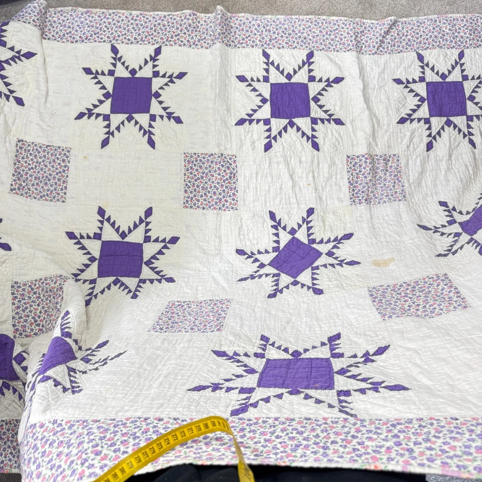 vintage handmade quilt twin flower purple feedsack cotton rustic primitive - Image 3 of 4